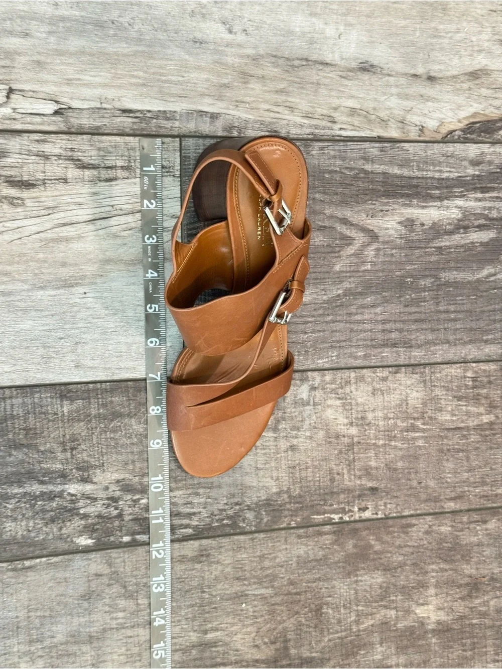 Ralph Lauren Tan Leather Block Heel Sandals